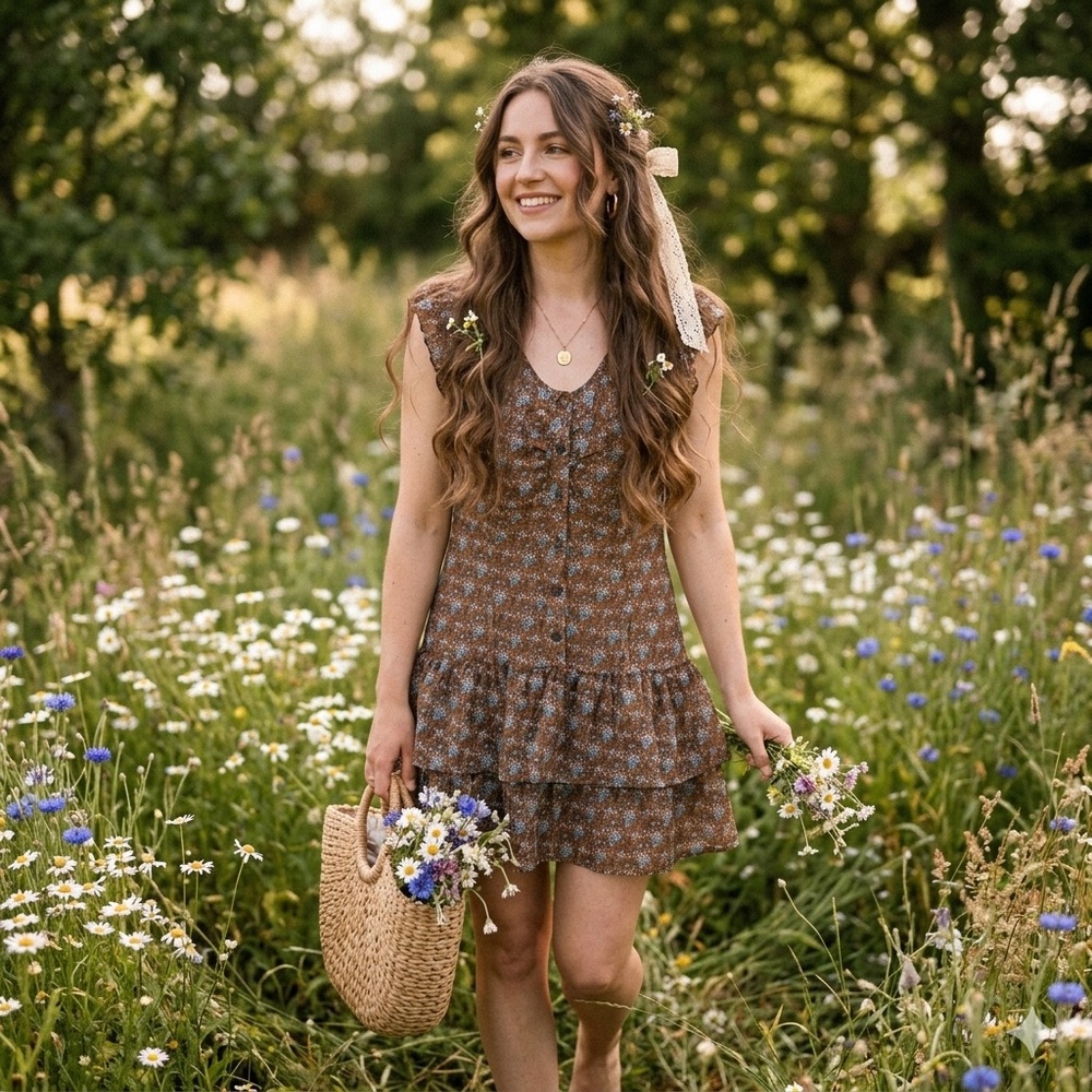 Cottagecore Chocolate Brown 100% Cotton Ditsy Floral Mini Dress Prairie Peasant